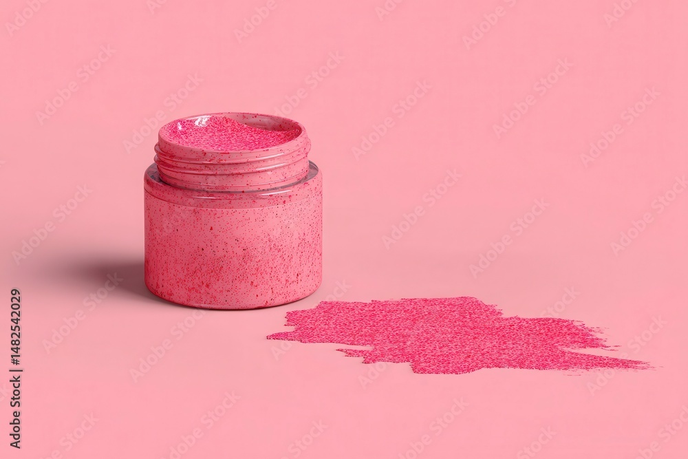 Mockup of a pink jar with scrub inside and a smear of scrub texture on a pink background