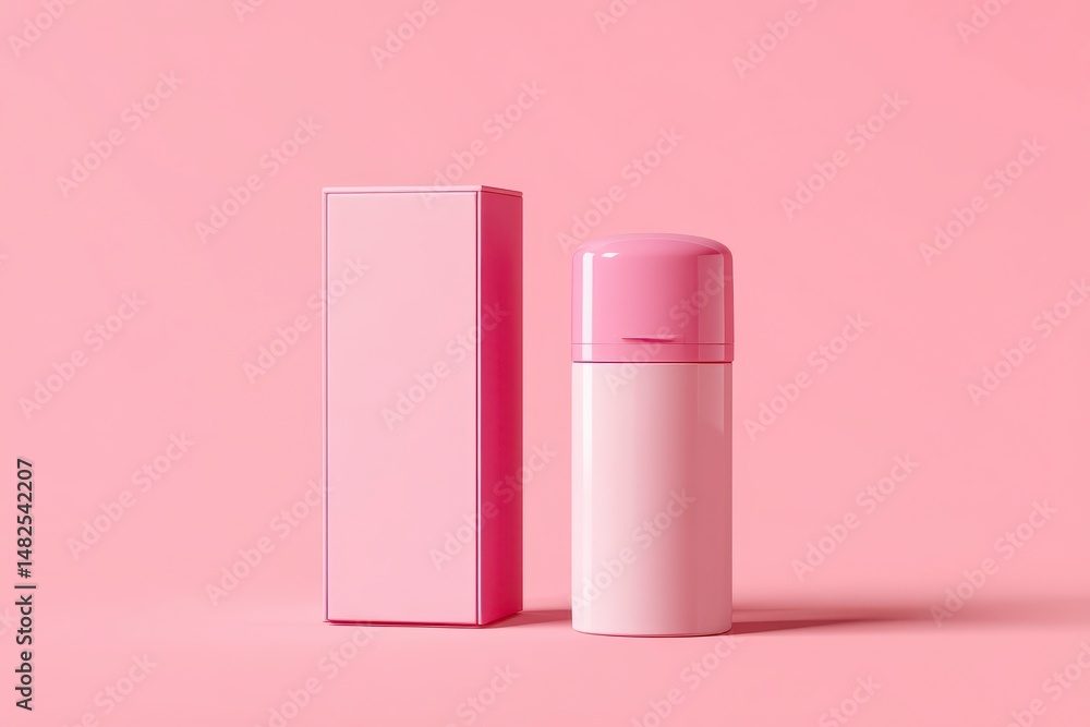 Mockup of pink roller deodorant, pink cosmetics tubes and boxes on a pink background