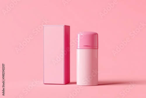 Obraz na płótnie Mockup of pink roller deodorant, pink cosmetics tubes and boxes on a pink background w salonie