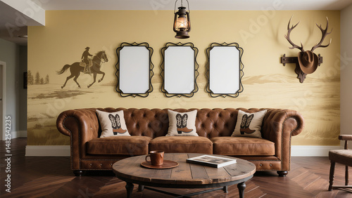 Luxury Living Room Decor Decorative Painting Mockups with Picture Frames & Western Style