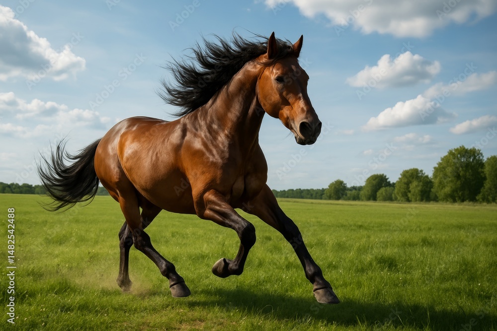 Fototapeta premium brown horse running on green field under blue sky with clouds, full body side view, summer nature background