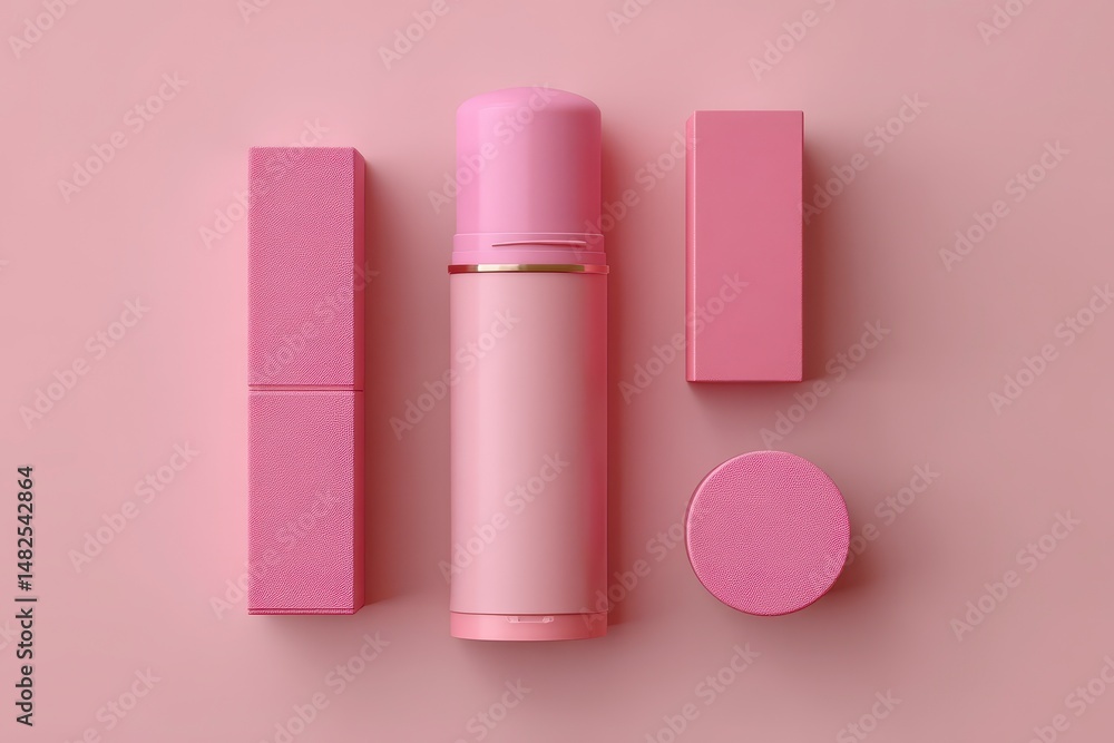 Mockup of pink roller deodorant, pink cosmetics tubes and boxes on a pink background