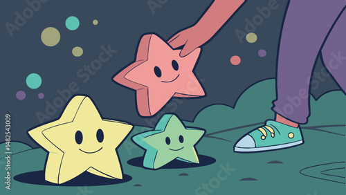 Vector Cute colorful smiling stars are being picked up by hand in whimsical night scene, evoking joy and playfulness