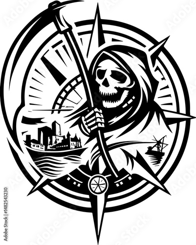 SVG depicting a skull in a dramatic battle pose amidst a stormy sea. Grim Reaper in Black and White with Compass and Stormy Sea Elements