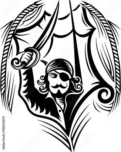 SVG depicting a skull in a dramatic battle pose amidst a stormy sea. Pirate Captain with Saber on Stormy Sea Background Illustration