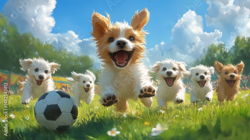 Playful puppies chasing soccer ball in sunny field