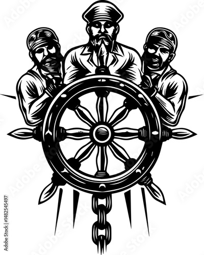SVG vector of a pirate skull at the ship's wheel. Undead Crew Around Ship's Wheel in Monochrome Design Artwork