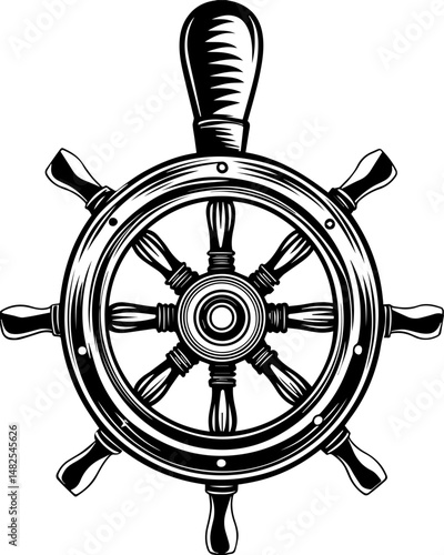 SVG vector of a pirate skull at the ship's wheel. Cursed Ship's Wheel Surrounded by Undead Crew in Spooky Scenario