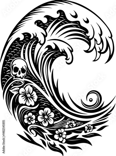 SVG vector of a pirate skull at the ship's wheel. Cursed Undead Crew Surrounding Ship's Wheel in Wild Ocean Waves