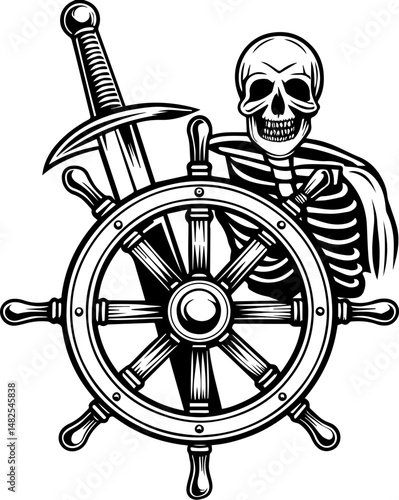 SVG vector of a pirate skull at the ship's wheel. Undead Skeleton Crew Member with Ship's Wheel and Sword