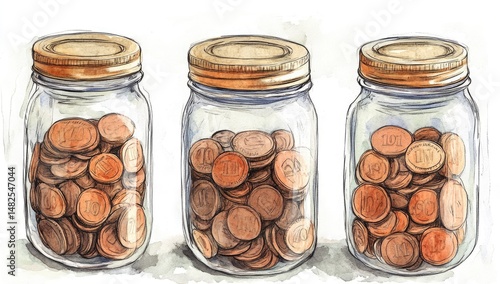 Three glass jars filled with coins