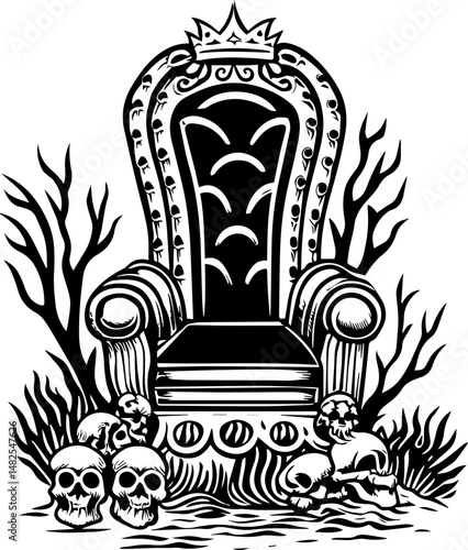 SVG vector of a Reaper Pirate skull adorned with bones. Intricate Throne Design Surrounded by Skulls and Dark Elements