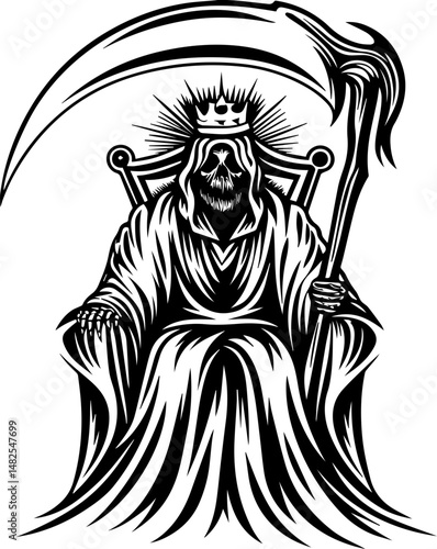 SVG vector of a Reaper Pirate skull adorned with bones. Grand Pirate Lord on Throne with Gold and Bones Imagery