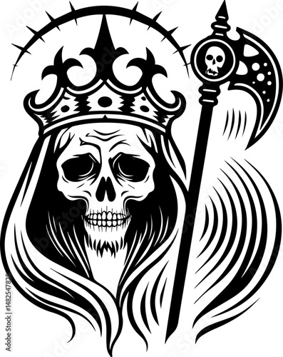SVG vector of a Reaper Pirate skull adorned with bones. Sinister Pirate Lord Throne of Gold and Bones Illustration