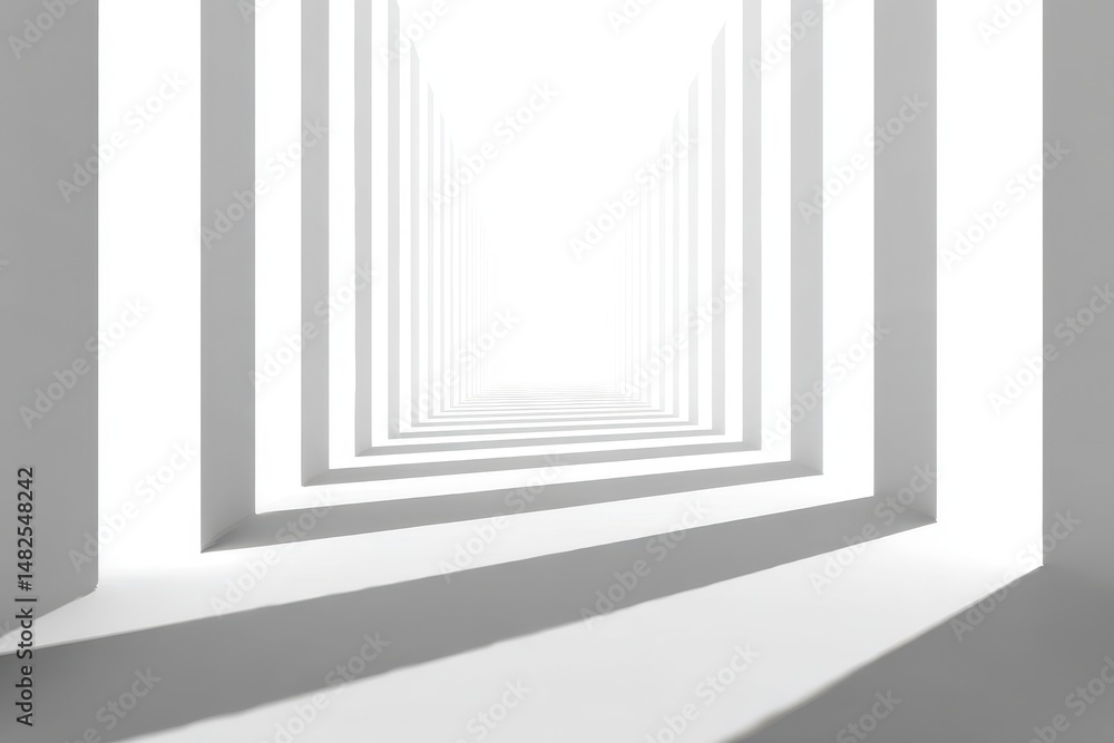 Abstract white grey background with geometric channel of stripes with perspective as scene or street