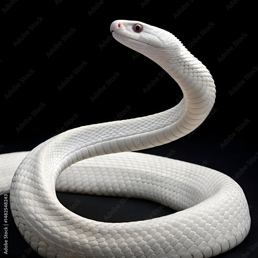 Fototapeta premium Elegant Albino Snake Coiled on Black Background