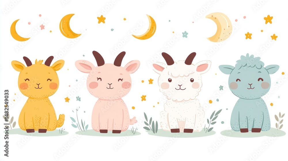 Adorable Baby Goats Under the Night Sky: A Charming Illustration of Four Cute Goats, Two Moons, and Stars Adorable Baby Goats Under the Night Sky: A Charming Illustration of Four Cute Goats, Two Moons, and Stars
