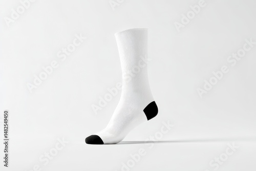 Obraz na płótnie Blank white cotton long sock with black heel on invisible foot isolated on white background as mock up for advertising, branding, design, back and side view, template w salonie