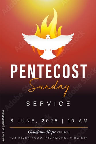 Pentecost Sunday service 2025, church web banner template. Creative religious poster design with dove in flame and text. Vector illustration