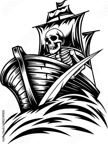 SVG vector of a skull and skeleton pirate aboard a ghost ship. Pirate Skeleton Riding a Ghost Ship on Stormy Waves Illustration