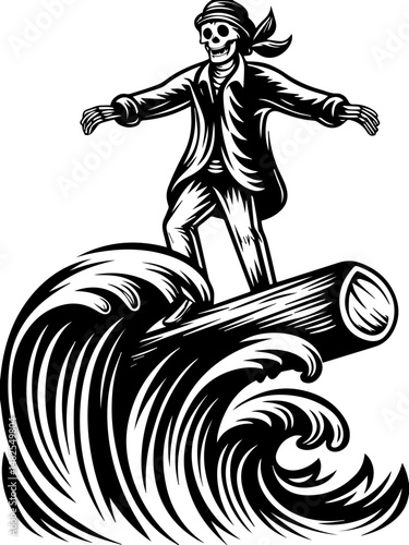 SVG vector of a skull and skeleton pirate aboard a ghost ship. Ghost Pirate Riding Wave on Ship's Log in Black and White Artwork