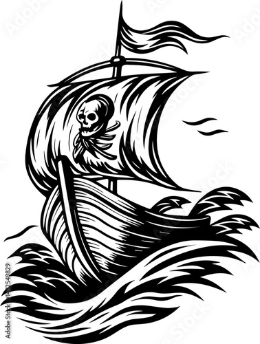 SVG vector of a skull and skeleton pirate aboard a ghost ship. Ghostly Pirate Ship Sailing Through Turbulent Ocean Waves