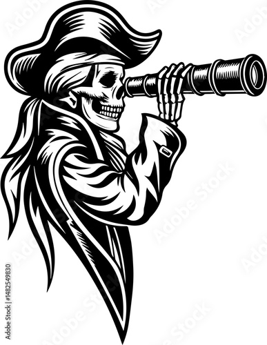 SVG vector of a skull and skeleton pirate aboard a ghost ship. Pirate Ghost Observing from Ship with Telescope in Eye Patch
