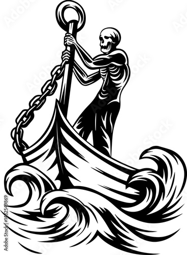 SVG vector of a skull and skeleton pirate aboard a ghost ship. Ghostly Pirate Riding Ship Through Stormy Waves with Anchor