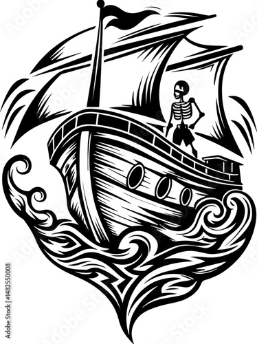 SVG vector of a skull and skeleton pirate aboard a ghost ship. Ghostly Pirate Riding a Ship on Turbulent Waves in Monochrome Design