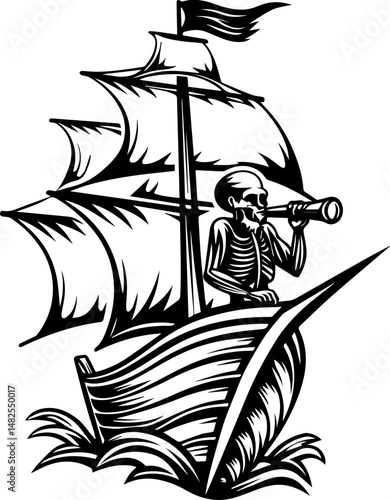 SVG vector of a skull and skeleton pirate aboard a ghost ship. Ghostly Pirate on a Ship with Sails Billowing in the Wind