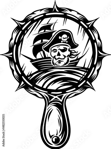SVG vector of a skull and skeleton pirate aboard a ghost ship. Pirate Ghost Riding Ship Image in Vintage Style Design