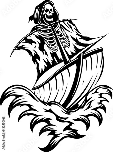 SVG vector of a skull and skeleton pirate aboard a ghost ship. Mysterious Ghost Pirate Sailing on a Ship Through Wild Waves