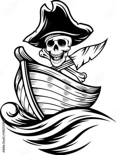 SVG vector of a skull and skeleton pirate aboard a ghost ship. Ghostly Pirate Riding a Ship Through Treacherous Waters