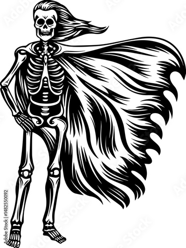 SVG vector of a skull and skeleton pirate aboard a ghost ship. Ghostly Pirate Skeleton in Flowing Cape with Eerie Atmosphere