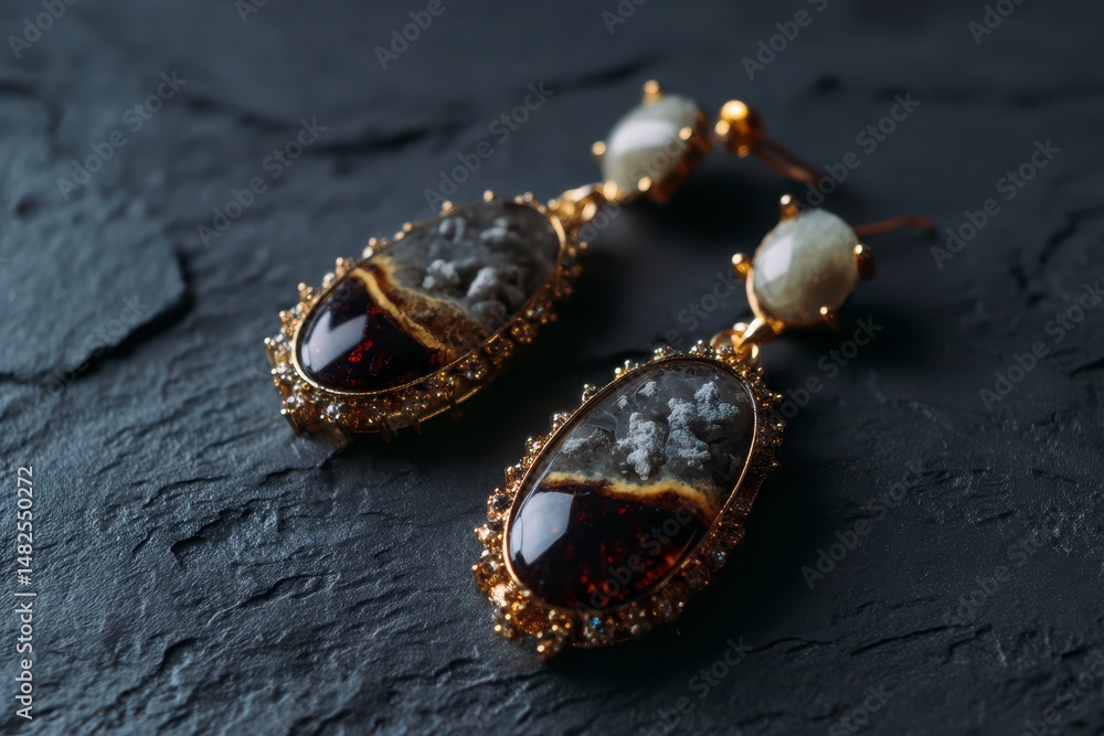 Stylish unusual earrings with stones inside, and a precious stone, on a dark background