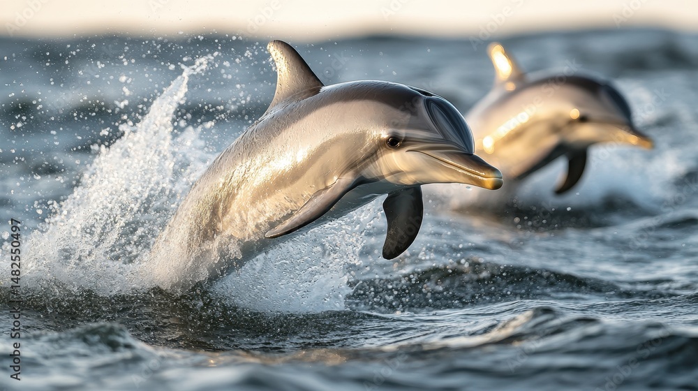 Fototapeta premium Dynamic dolphins leaping through ocean waves in a stunning aquatic display