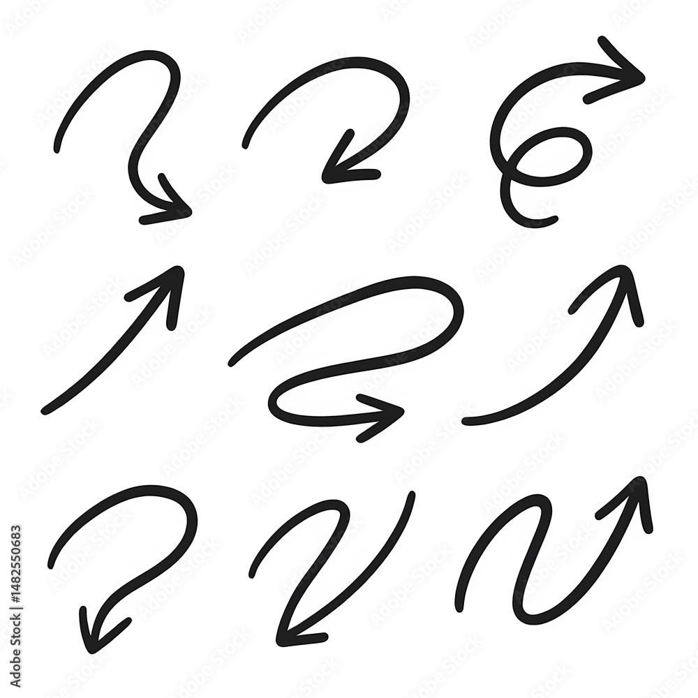 Obraz premium Hand Drawn Black Arrow Set - Nine Various Doodle Styles on Dark Grey Background, Navigation Pointers, Isolated Design Elements