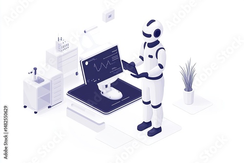 Robot analyzing data on a tablet in a lab.