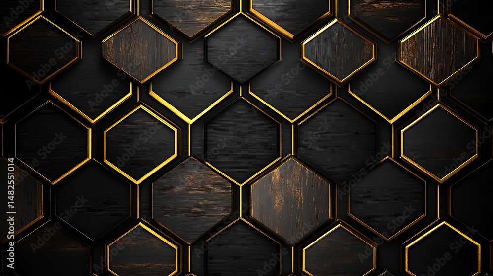 Sharp black background with symmetric gold hexagon grid, each hexagon featuring highly detailed textures of dark brown wood grain with realistic lighting, Sharp black background with symmetric gold hexagon grid, each hexagon featuring highly detailed textures of dark brown wood grain with realistic lighting,