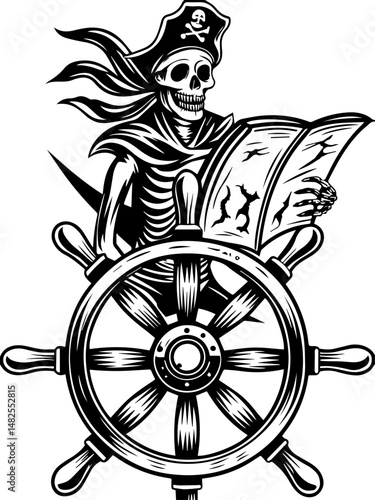 SVG vector of a Skull Captain holding a treasure map and saber. Skeleton Pirate Captain with Treasure Map and Ship Wheel Design