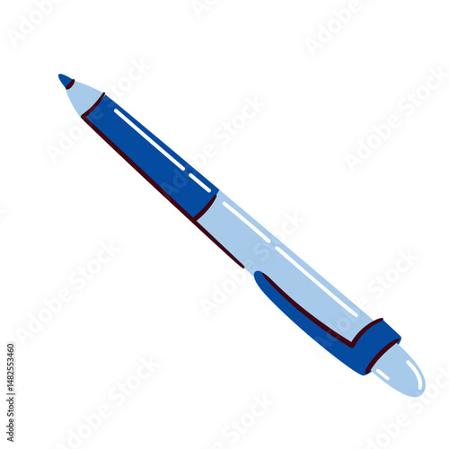 Cartoon blue pen in doodle style for drawing, writing, or schoolwork. Vector illustration of blue pen sticker for creativity to notes.