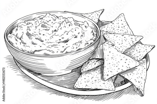 Sketch of Queso Dip and Tortilla Chips on Plate.