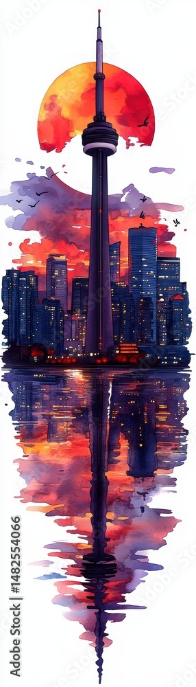 Fototapeta premium Watercolor Cityscape at Sunset Tower and Reflection