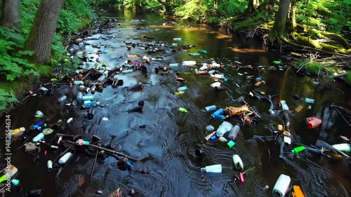 Plastic bottles and trash floating in polluted river with green trees on shore, environmental pollution crisis scene with water contamination loop