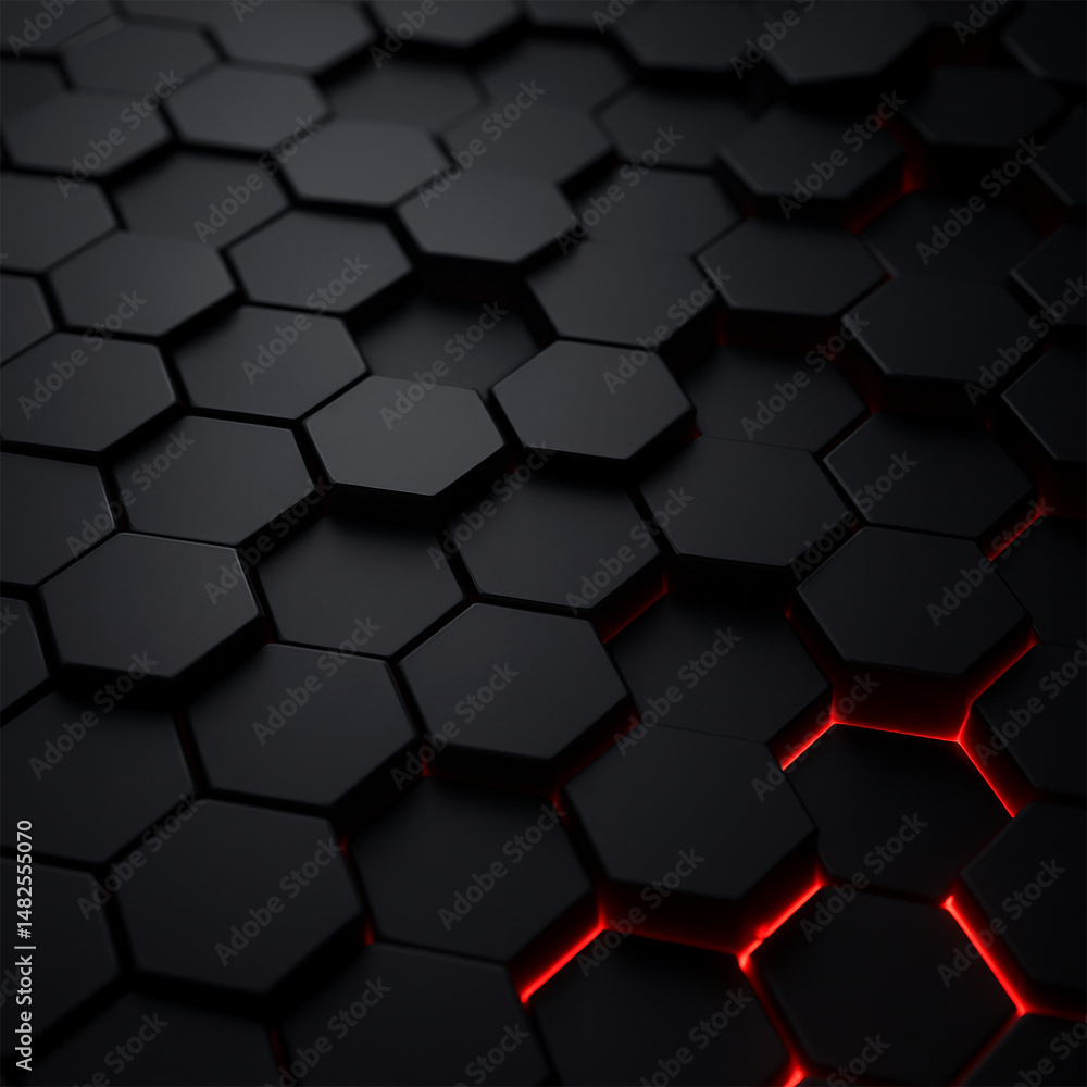 Futuristic Black Hexagonal Pattern with Red Backlight – 3D Abstract Tech Background Futuristic Black Hexagonal Pattern with Red Backlight – 3D Abstract Tech Background