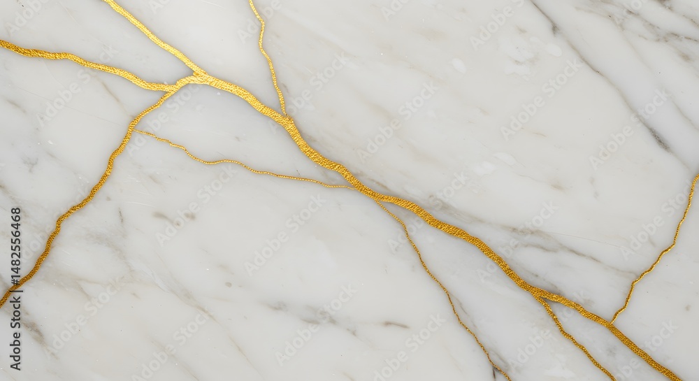 Fototapeta premium Kintsugi Stone: A close-up of a marble stone with veins of golden material running throughout. showcasing an artistry and aesthetic of the stone's imperfections.