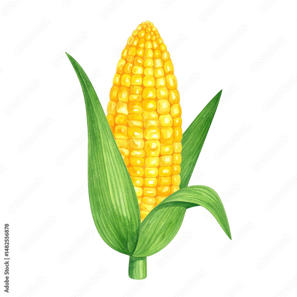 Obraz premium Vibrant watercolor illustration of fresh corn cob with bright yellow kernels and green husk leaves creating natural and lively feel in this detailed artwork