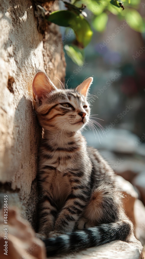 Fototapeta premium A gray tabby kitten resting against a stone wall in sunlight.