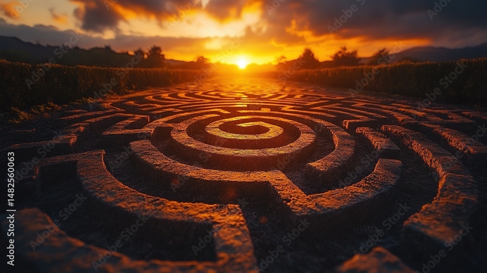 Sunset over a stone spiral maze in a garden. Sunset over a stone spiral maze in a garden.
