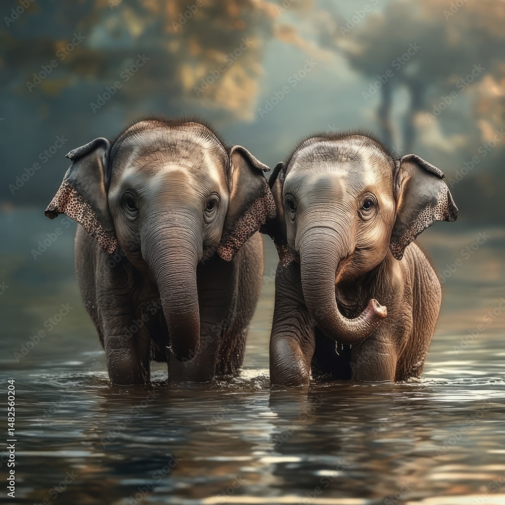 Fototapeta premium Elephants splashing playfully in water natural habitat wildlife photography